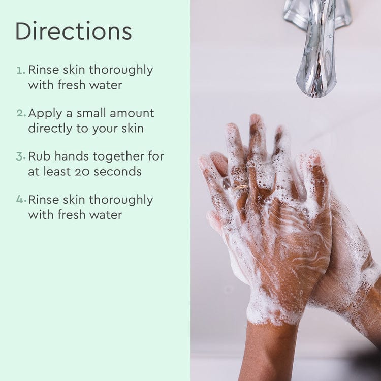 A person washing hands with Gel Hand Soap; instructions for proper technique are shown on the left. This soap features plant-derived ingredients that are moisturizing and hydrating, ensuring clean and nourished hands. #common #scent_cucumber-mint