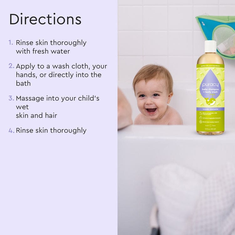 Gently bathe your baby using the Baby Shampoo & Body Wash (Tear-Free), made from plant-derived ingredients, with instructions on the left.