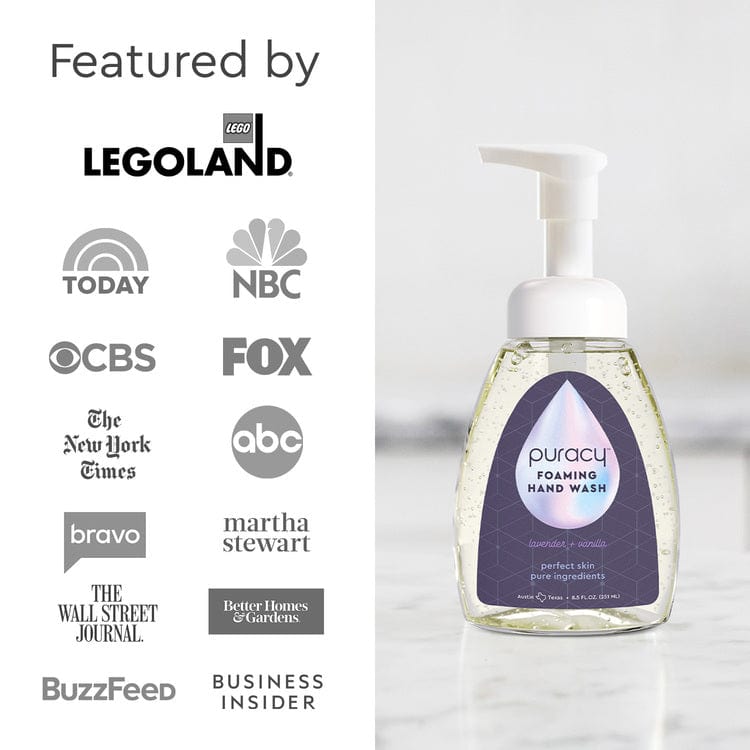 The bottle of Foaming Hand Soap, crafted with plant-based ingredients and biodegradable materials, is displayed alongside logos of media outlets and featured partners #common #scent_lavender-vanilla standard-pack-of-3_#size