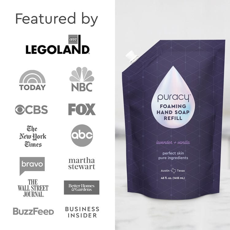 The Foaming Hand Soap refill pouch, crafted with eco-friendly and biodegradable plant-based ingredients, is prominently displayed alongside the logos of media outlets where it has been featured. #common #scent_lavender-vanilla refill_#size