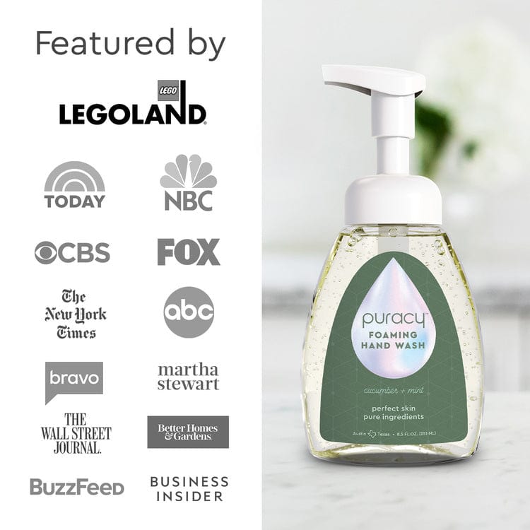 The Foaming Hand Soap bottle prominently features logos of media outlets such as CBS, NBC, and ABC, highlighting its eco-friendly nature with biodegradable and plant-based ingredients.