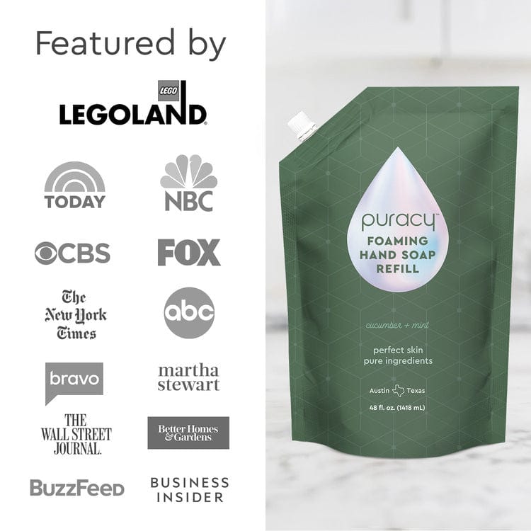 Foaming Hand Soap, enriched with biodegradable and plant-based ingredients, proudly displays logos of various media outlets and is featured by LEGOLAND. #common #scent_cucumber-mint refill_#size