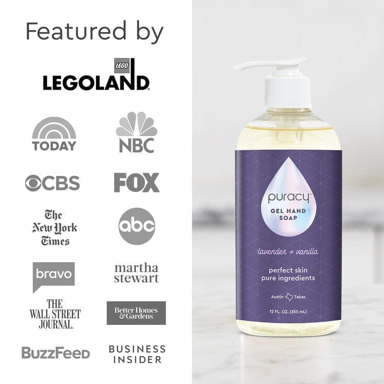 Puracy's Gel Hand Soap bottle highlights its plant-derived ingredients and showcases media logos that have featured this moisturizing and hydrating product. #common #scent_lavender-vanilla standard_#size
