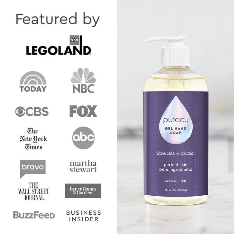 Puracy's Gel Hand Soap bottle highlights its plant-derived ingredients and showcases media logos that have featured this moisturizing and hydrating product.