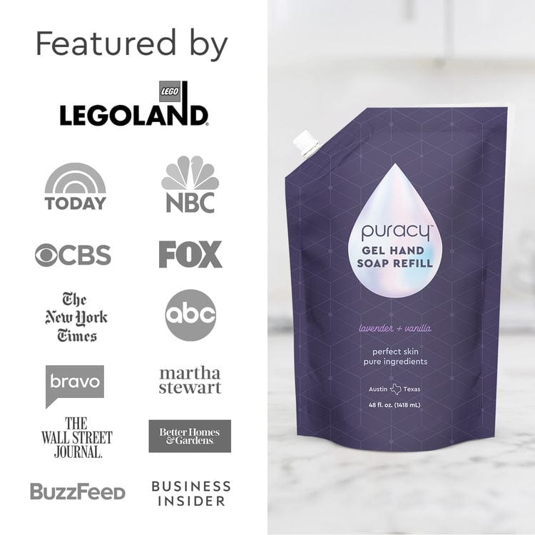 The Gel Hand Soap refill by Puracy, highlighted with media logos such as NBC, CBS, and BuzzFeed on the left, offers moisturizing and hydrating benefits using plant-derived ingredients.