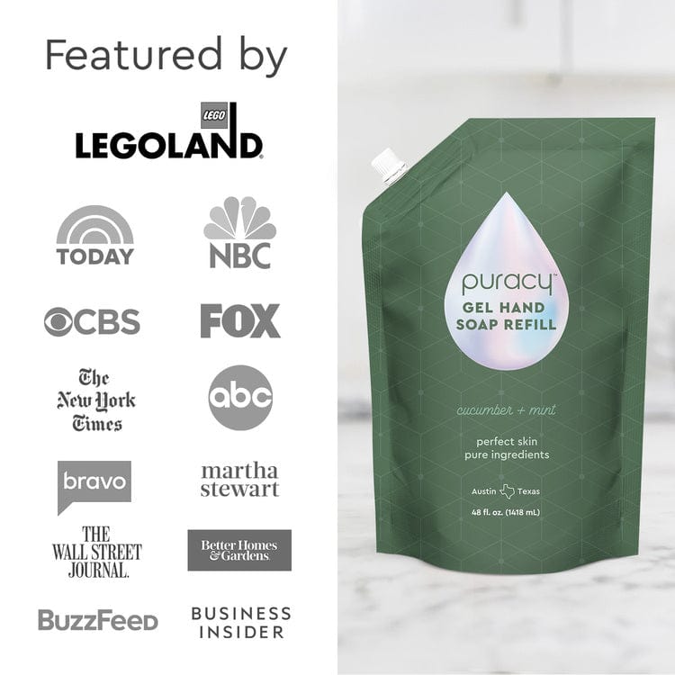 Green Gel Hand Soap refill pouch by Puracy, featuring plant-derived ingredients with moisturizing and hydrating properties, alongside logos of media outlets displayed on the left.#scent_cucumber-&-mint|size_refill