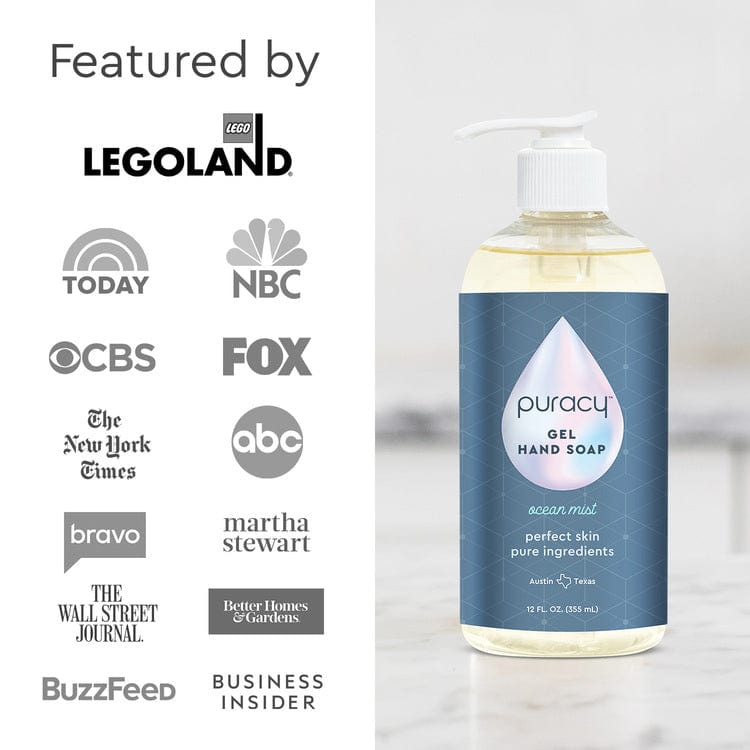 The bottle of Puracy's Gel Hand Soap, celebrated for its plant-based ingredients, is displayed alongside logos from various media outlets.#scent_ocean-mist|size_standard