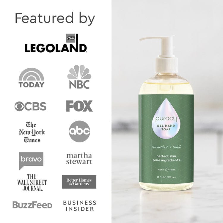 The Gel Hand Soap by Puracy, enriched with plant-derived ingredients, offers a moisturizing and hydrating experience while sitting on a counter. Logos of media outlets and Legoland are showcased on the left.