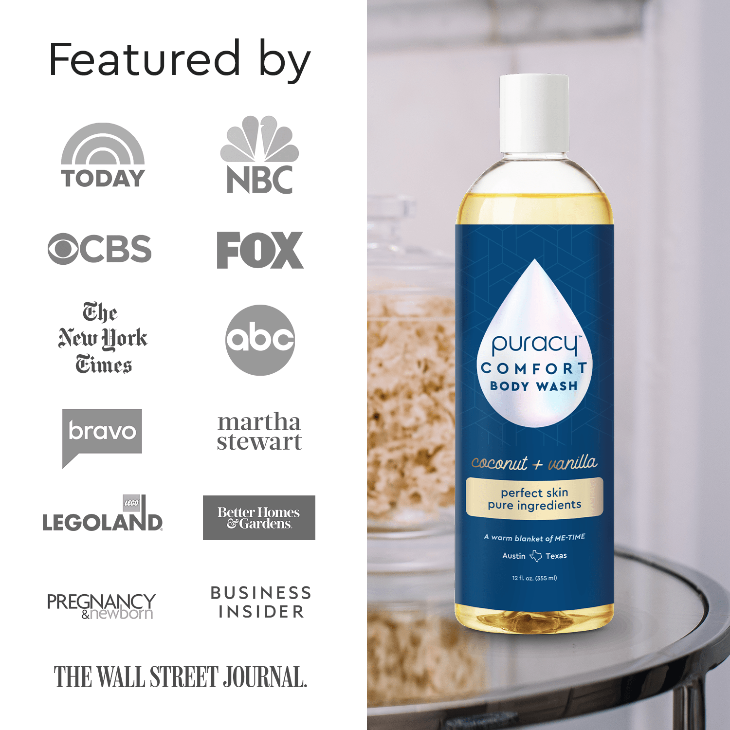 Refillable Body Wash by Puracy with a natural formula on a counter, beside media outlet logos. #common #scent_coconut-vanilla standard_#size