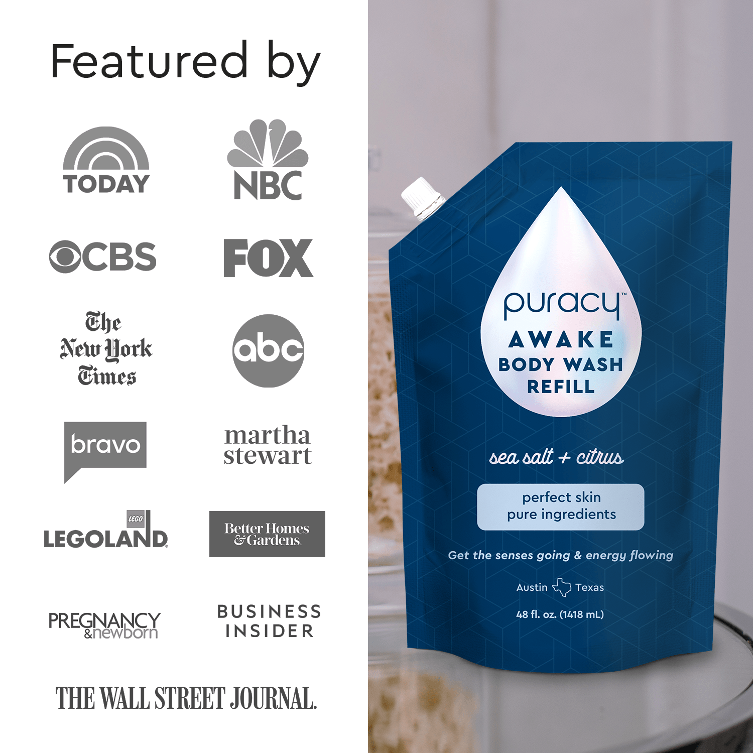 A Refillable Body Wash with natural formula stands beside top media logos and publications. #common #scent_citrus-sea-salt refill_#size