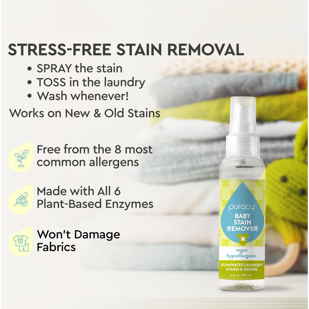 The Baby Stain Remover, formulated with plant-based enzymes, is placed next to folded clothes and a toy, showcasing its effective yet gentle formula. Being eco-friendly and hypoallergenic, it’s ideal for maintaining a clean and safe environment for your baby.