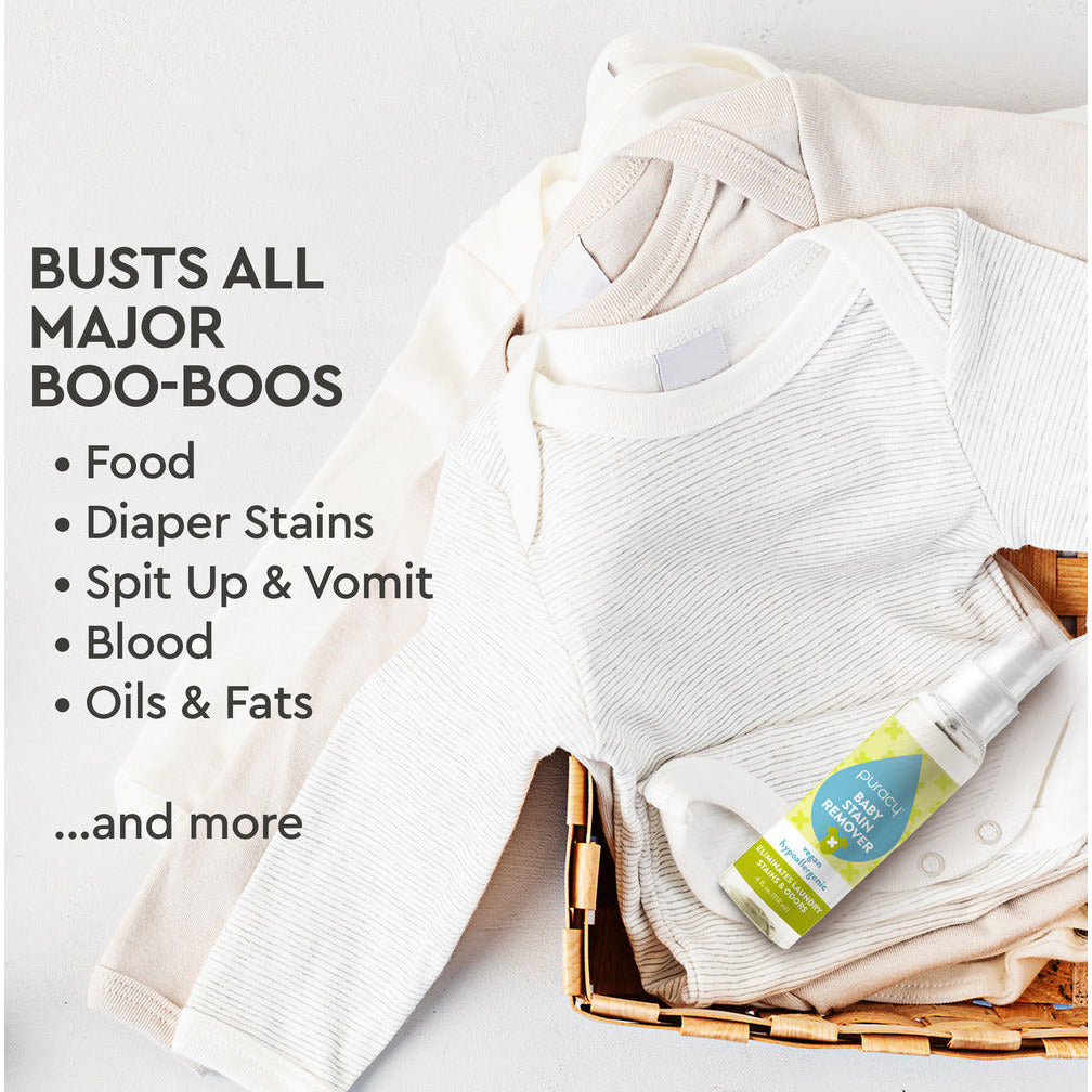 A bottle of Baby Stain Remover and baby clothes in a basket with text listing stain types it removes. Features hypoallergenic, plant-based enzymes for a gentle clean that's eco-friendly and tough on stains.