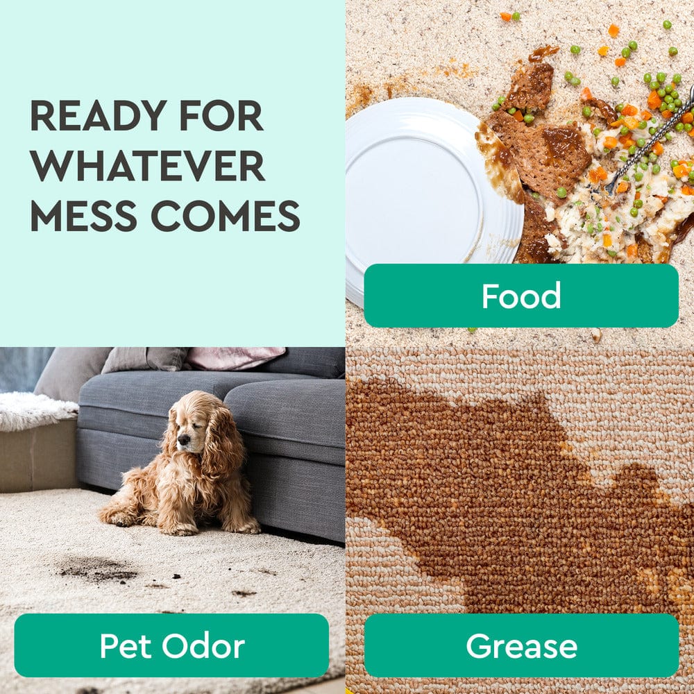Three panels show messes: spilled food, a dog on carpet, and Instant Spot Remover for grease.