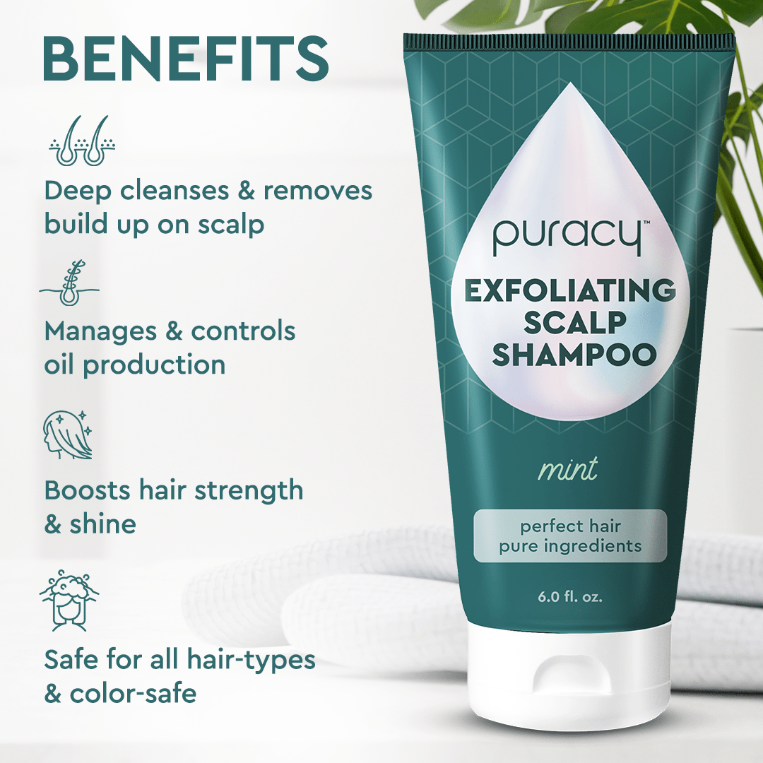 Exfoliating Scalp Shampoo for natural hair care, shown with key benefits and lush plant accents.