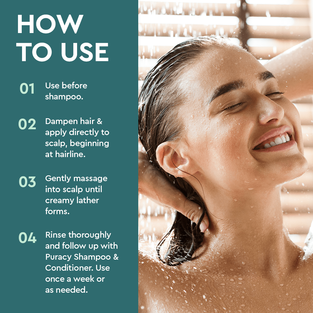 Woman smiling in the shower with wet hair, using Exfoliating Scalp Shampoo for healthy hair growth.
