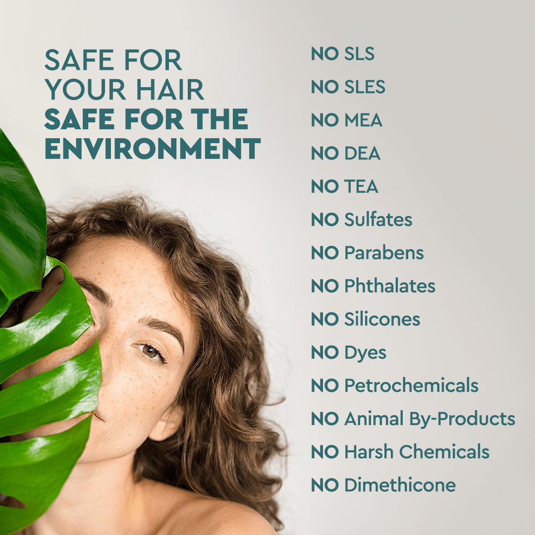 Curly-haired woman with a green leaf, highlighting Exfoliating Scalp Shampoo and clean ingredients.