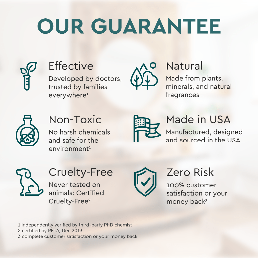 Guarantee icons: Natural Hair Care, Non-Toxic, Made in USA, Zero Risk, Exfoliating Scalp Shampoo.
