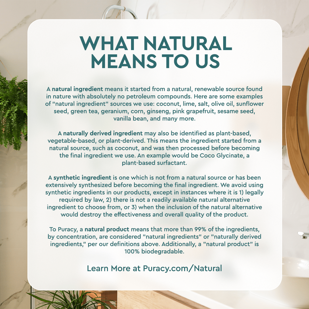 A sign explains what natural hair care and naturally derived ingredients mean for Exfoliating Scalp Shampoo.
