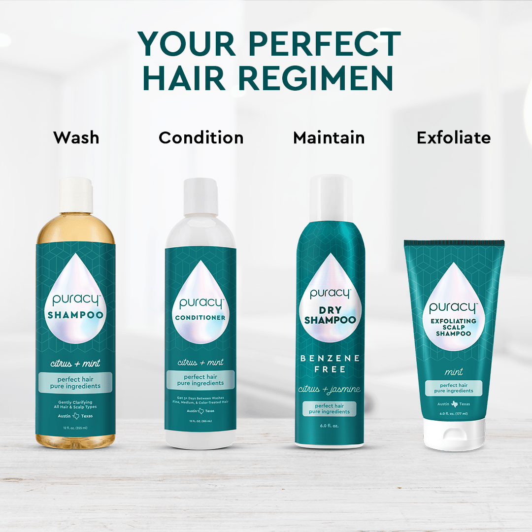 Puracy offers four natural hair care products: shampoo, conditioner, dry shampoo, and Exfoliating Scalp Shampoo.
