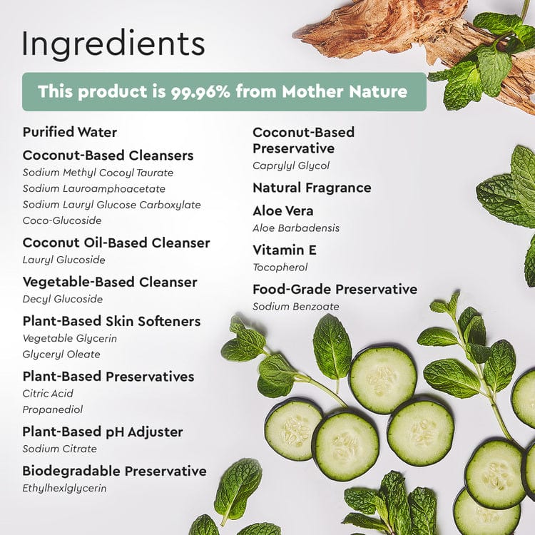 Discover our collection of eco-friendly, plant-based ingredients in the Foaming Hand Soap, highlighted with images of ginger, mint, and cucumber slices.