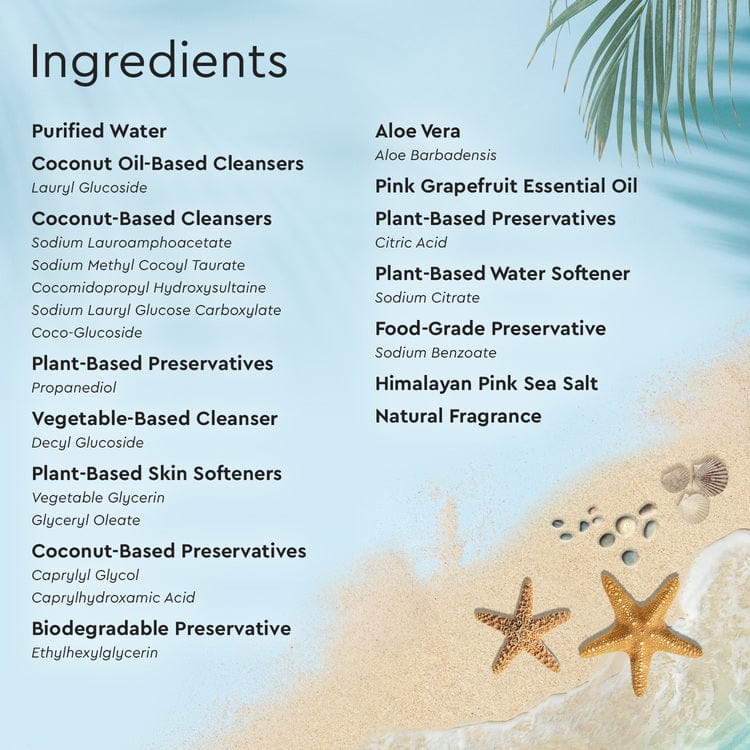 Set against a sandy beach backdrop with starfish and palm leaves, the Gel Hand Soap ingredients list highlights its plant-derived formulation. This gel cleansing hand soap is designed to provide a moisturizing and hydrating experience, ideal for your skin's needs.#common#scent_cucumber-&-mint