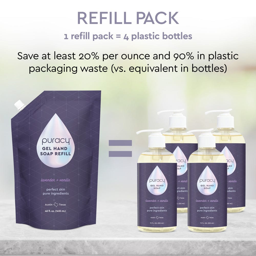 Puracy's Gel Hand Soap refill pouch lowers plastic waste compared to traditional bottles and contains plant-derived ingredients that keep your hands feeling moisturized and hydrated.#common#scent_lavender-&-vanilla