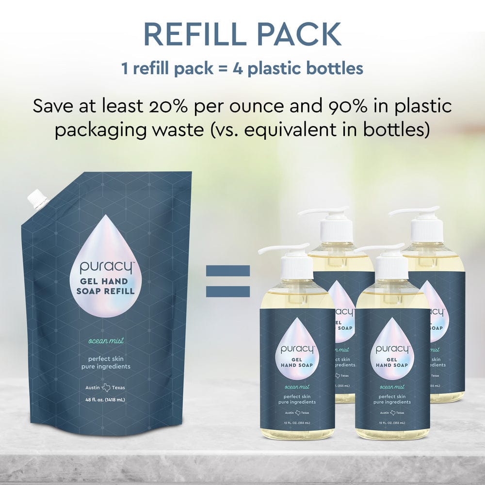 Refill packaging of Puracy Gel Hand Soap made with plant-based ingredients, equivalent to four plastic bottles, placed on a gray surface.