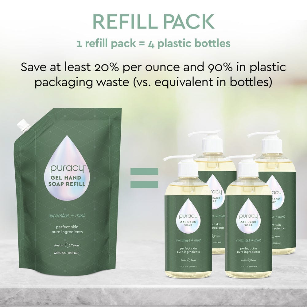 A Gel Hand Soap refill pouch and four bottles featuring green labels are displayed on a light background. The soap, made with plant-derived ingredients, offers a gel cleansing formulation that ensures moisturizing and hydrating freshness.