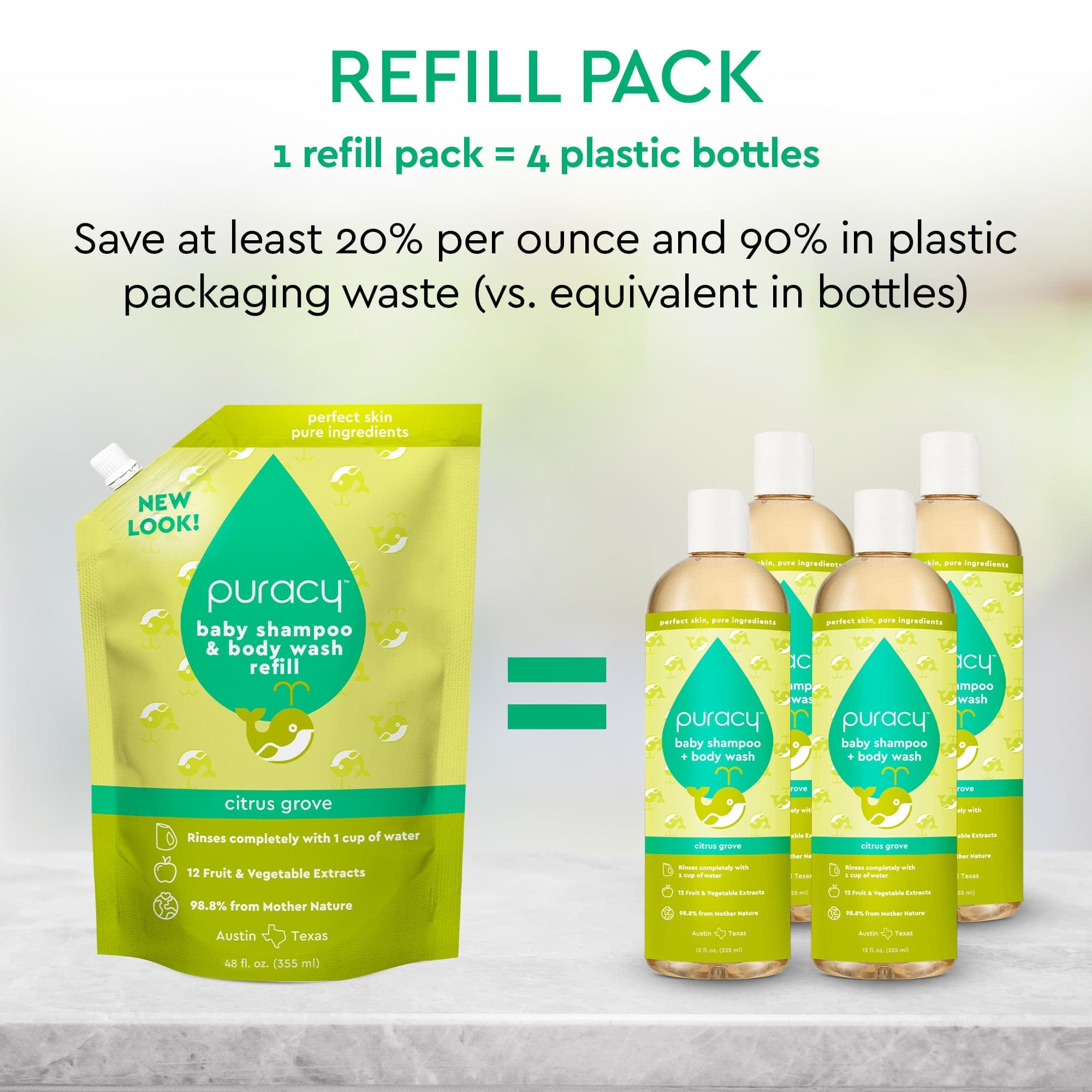 The Baby Shampoo & Body Wash (Tear-Free) refill pack provides an eco-friendly solution by replacing four plastic bottles and is made with plant-derived ingredients gentle on sensitive skin, making it an ideal addition to your baby's bath time routine. #common #scent_citrus-grove refill_#size