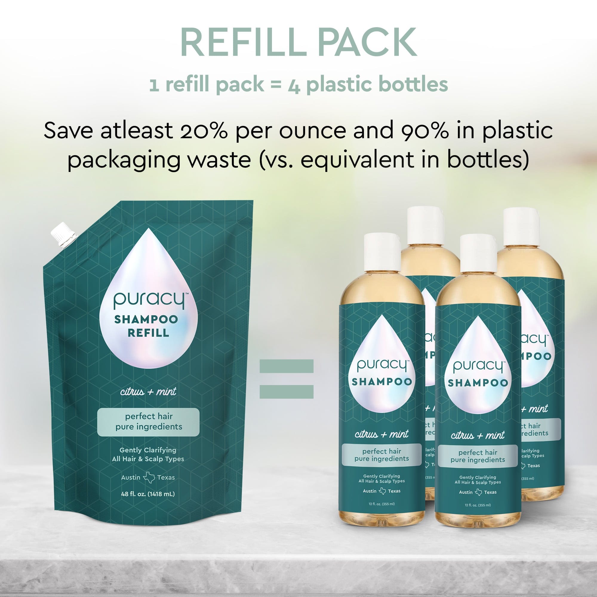The Shampoo (Sulfate/Paraben/Silicone-Free) refill pack is displayed alongside four bottles, highlighting cost savings and reduced plastic waste, while offering the nourishing benefits of botanical extracts. #common #scent_citrus-mint refill_#size
