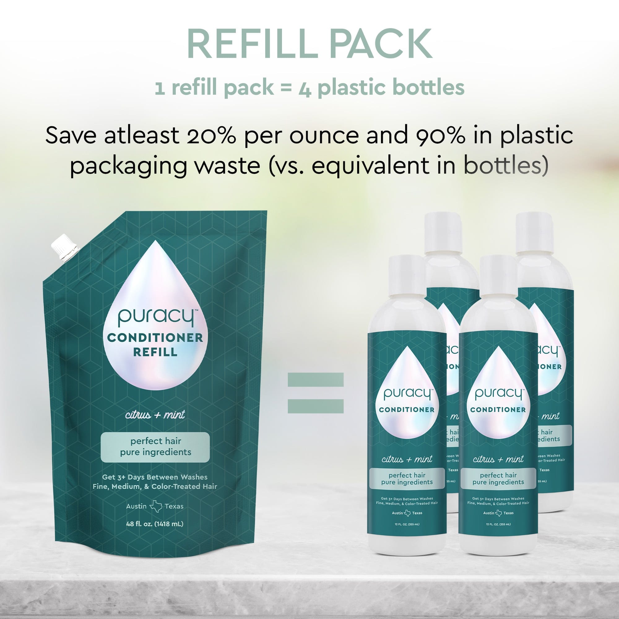 Experience luxurious hair care with our Conditioner (Silicone/Dimethicone/Sulfate Free) in a convenient refill pack and four bottles. This formula offers deep hydration with natural essential oils while showcasing 20% savings and reduced plastic waste.