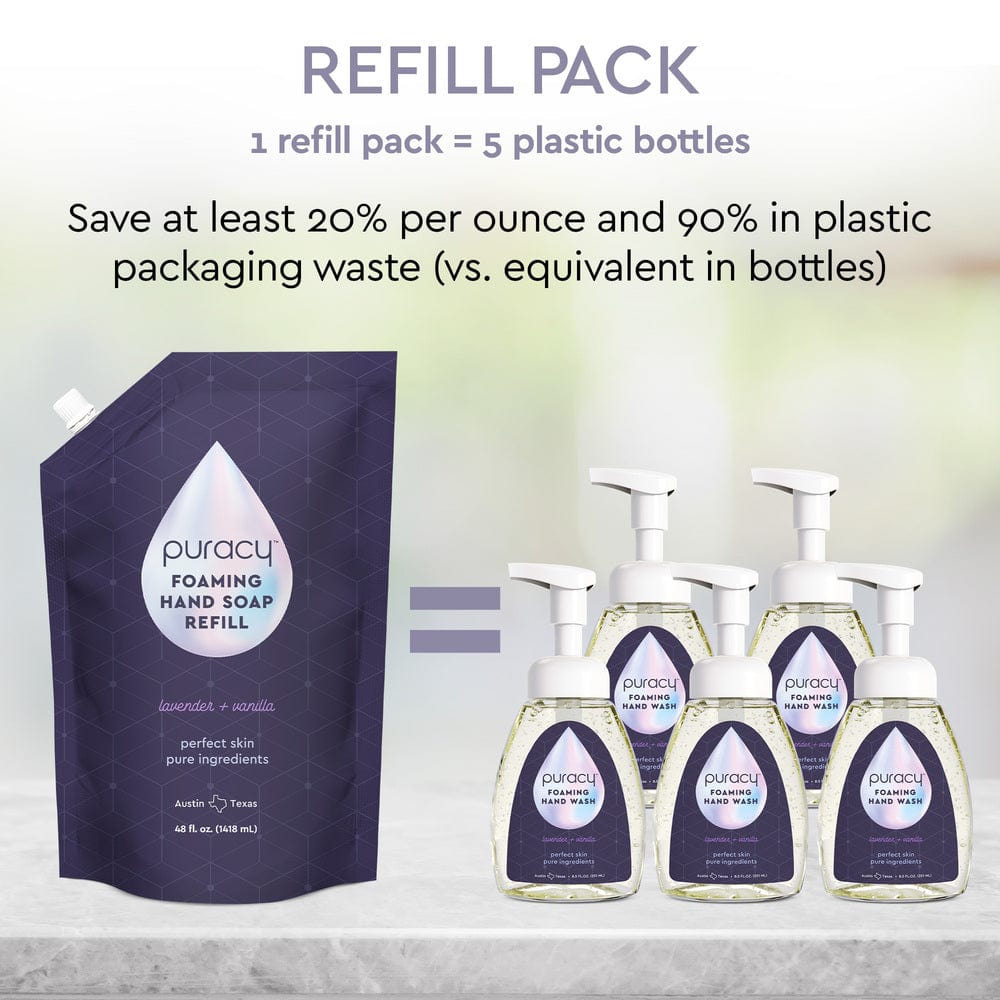 Puracy's Foaming Hand Soap refill pack can refill up to five bottles, emphasizing cost-effectiveness and plastic reduction through its eco-friendly, plant-based formula.