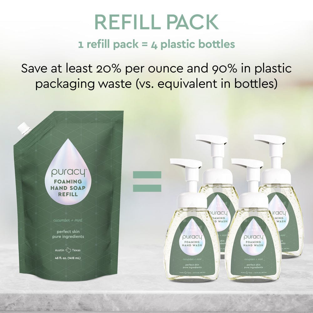 A refill pack of Foaming Hand Soap is placed beside four bottles on a table, showcasing text about reducing waste and expense with its eco-friendly, plant-based ingredients. #common #scent_cucumber-mint refill_#size
