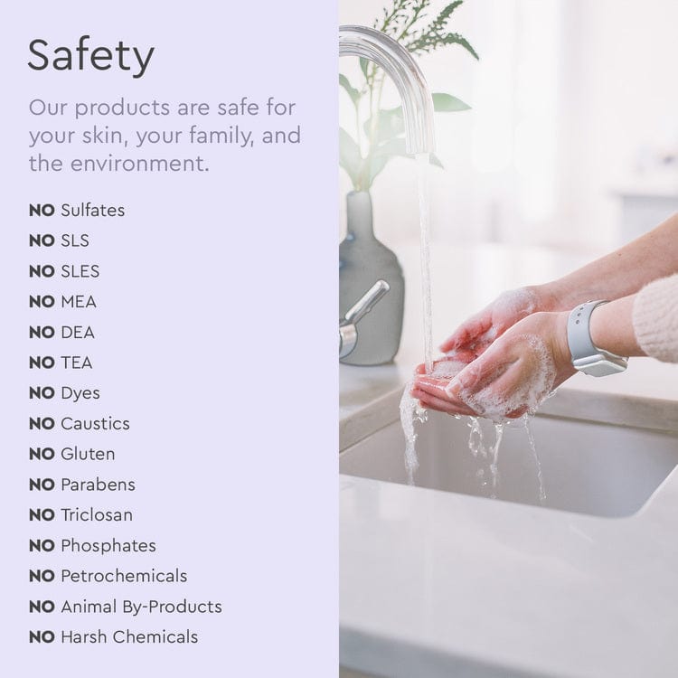 A person cleanses their hands with Gel Hand Soap, enriched with plant-derived ingredients. The text emphasizes the absence of certain components while guaranteeing moisturizing and hydrating benefits for your skin. #common #scent_lavender-vanilla