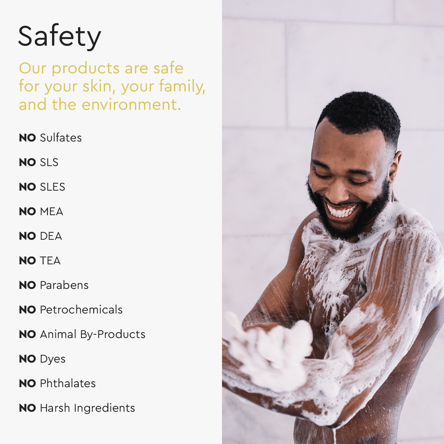 Smiling man showering with Refillable Body Wash; hypoallergenic ingredients not shown at left. #common #scent_coconut-vanilla