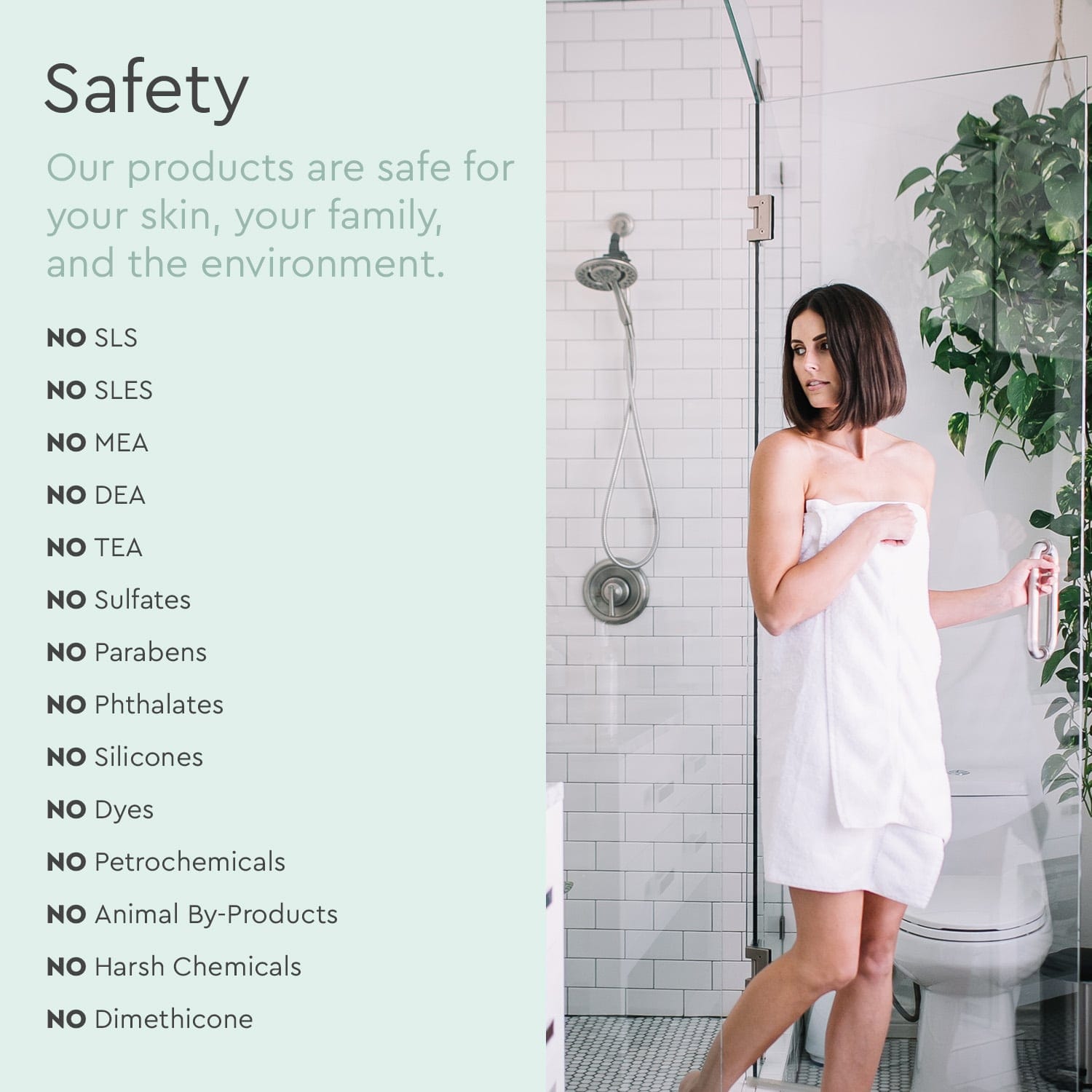 A woman steps out of the shower wrapped in a towel, while text underscores the absence of sulfates, parabens, and silicones in the Shampoo, highlighting its safety, eco-friendliness, and the nourishing benefits of botanical extracts. #common #scent_citrus-mint