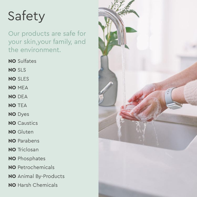 A person washing hands; the text highlights that Foaming Hand Soap is made with plant-based ingredients and is free from harmful components, ensuring it is eco-friendly and safe.