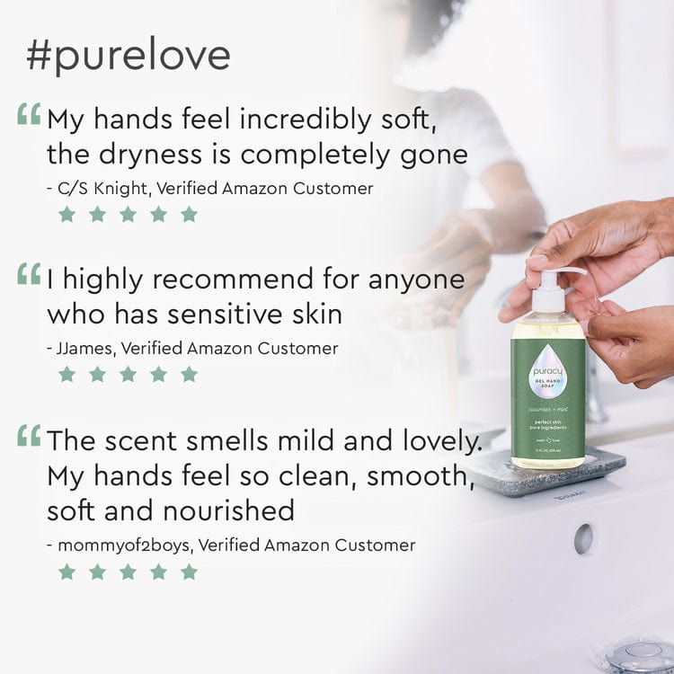 A hand softly presses the dispenser on the sink, releasing the Gel Hand Soap, which features a moisturizing and hydrating gel formula. Customer reviews applaud its plant-derived ingredients, highlighting their softness and delightful scent.