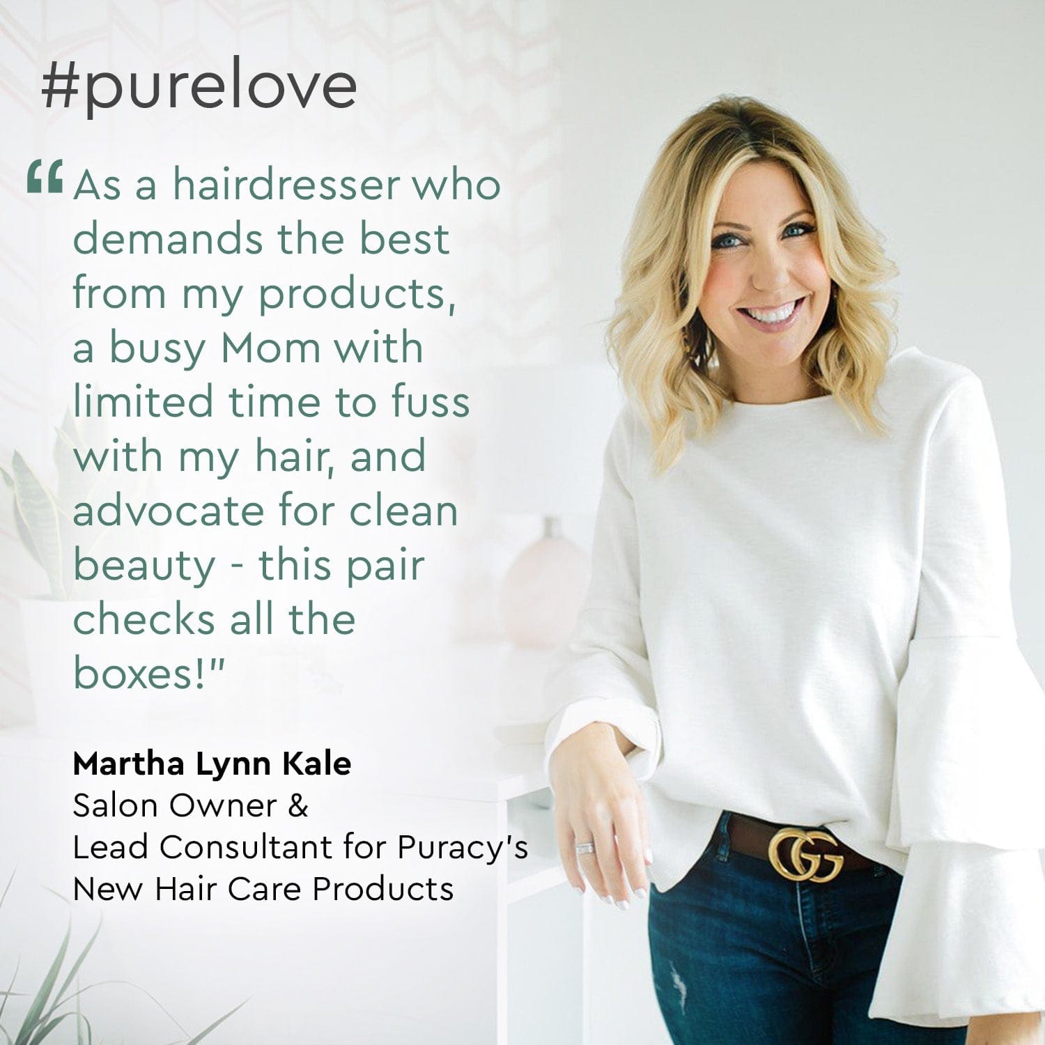 A woman smiles while wearing a white top, standing next to a quote about sulfate, paraben, and silicone-free shampoo enriched with botanical extracts. Text: #purelove.
