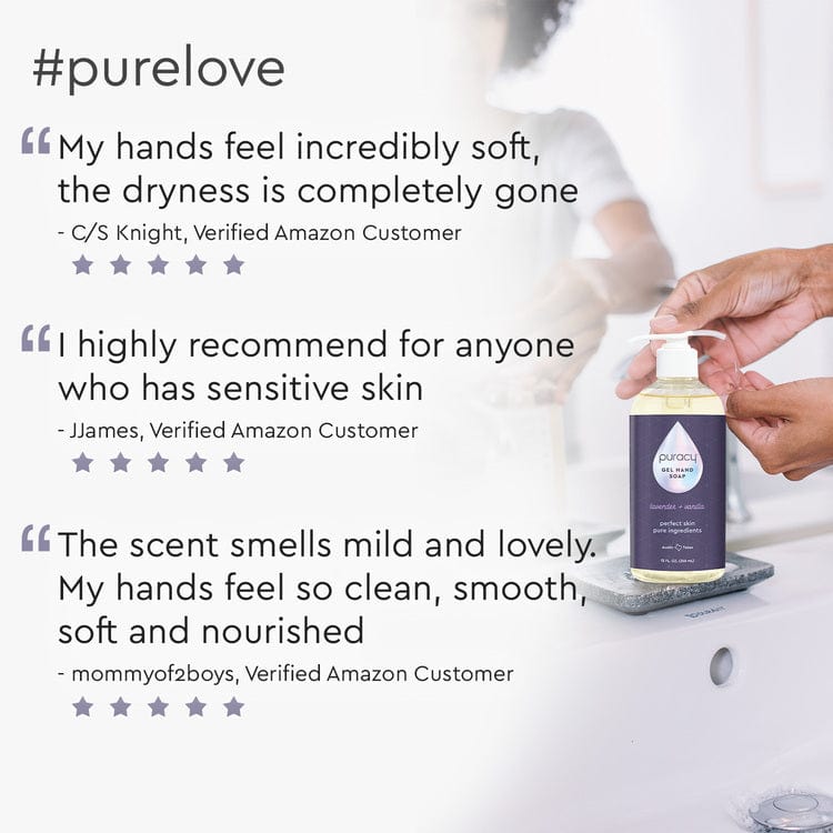 Hand pressing pump of Gel Hand Soap with moisturizing and hydrating plant-derived ingredients, alongside customer reviews and a hashtag on a white background. #common #scent_lavender-vanilla
