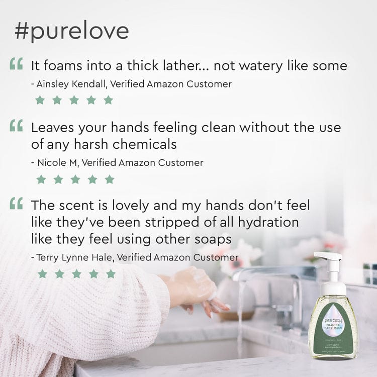 A bottle of Foaming Hand Soap, with its plant-based ingredients, is perched on a bathroom sink and is complemented by glowing customer reviews that emphasize its eco-friendly properties.