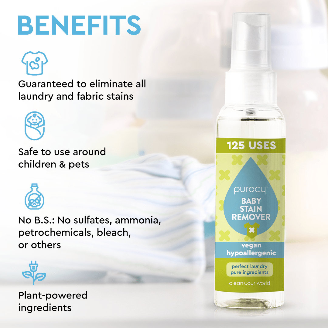 The Baby Stain Remover bottle highlights its advantages, featuring safety and plant-powered ingredients. This environmentally friendly formula is fortified with hypoallergenic, plant-based enzymes to gently remove tough stains without irritating sensitive skin.