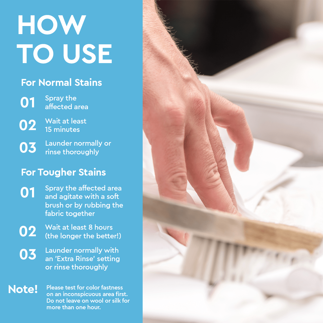 Experience the effectiveness of our Baby Stain Remover, formulated with plant-based enzymes for eco-friendly cleaning. For regular stains, apply directly and allow it to sit for a few minutes before washing. For more stubborn stains, extend the soaking time. Always perform a patch test on an inconspicuous area to confirm fabric compatibility. #common #scent_unscented