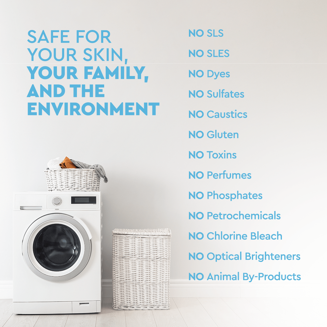 Laundry room equipped with a washing machine, basket, and a list of eco-friendly features, including the Baby Stain Remover known for its hypoallergenic detergents and plant-based enzymes that provide a gentle yet effective clean. #common #scent_unscented