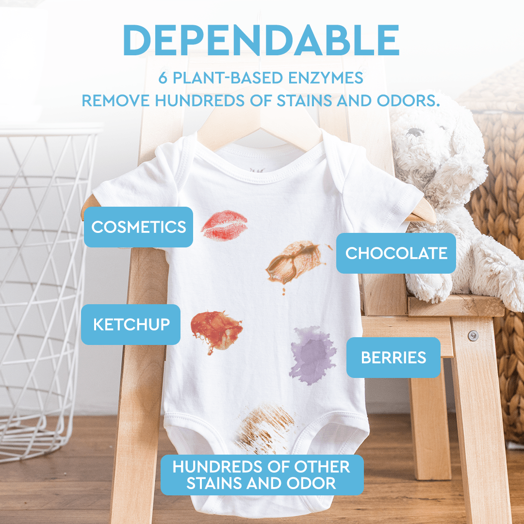 This baby onesie is marked with stains labeled as cosmetics, ketchup, chocolate, and berries. The accompanying text showcases the Baby Stain Remover's plant-based and eco-friendly cleaning enzymes.