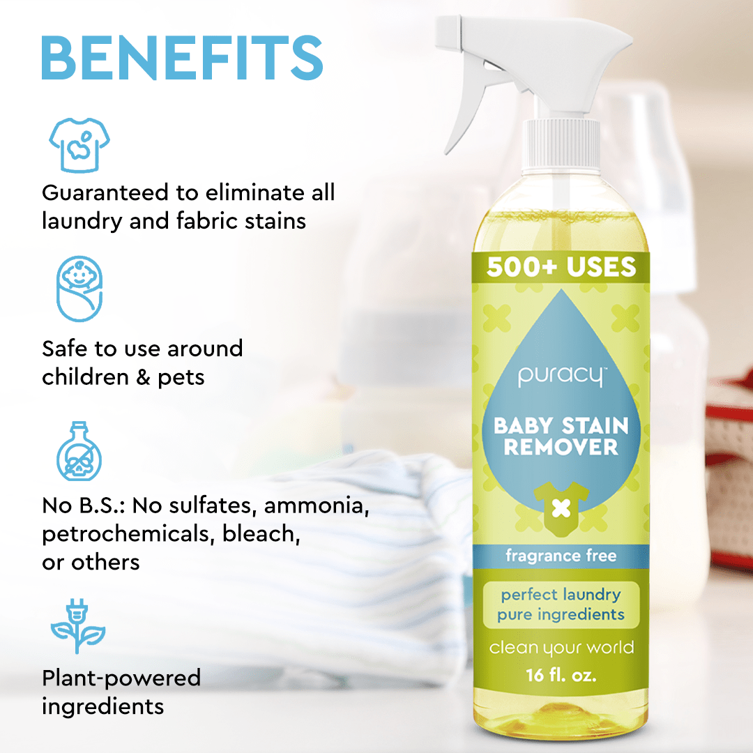 The Baby Stain Remover offers numerous advantages: it's kid and pet safe, formulated with plant-based enzymes, contains no harsh chemicals, is hypoallergenic, and eco-friendly. Providing over 500 uses, it’s a gentle yet potent solution for maintaining a spotless home.