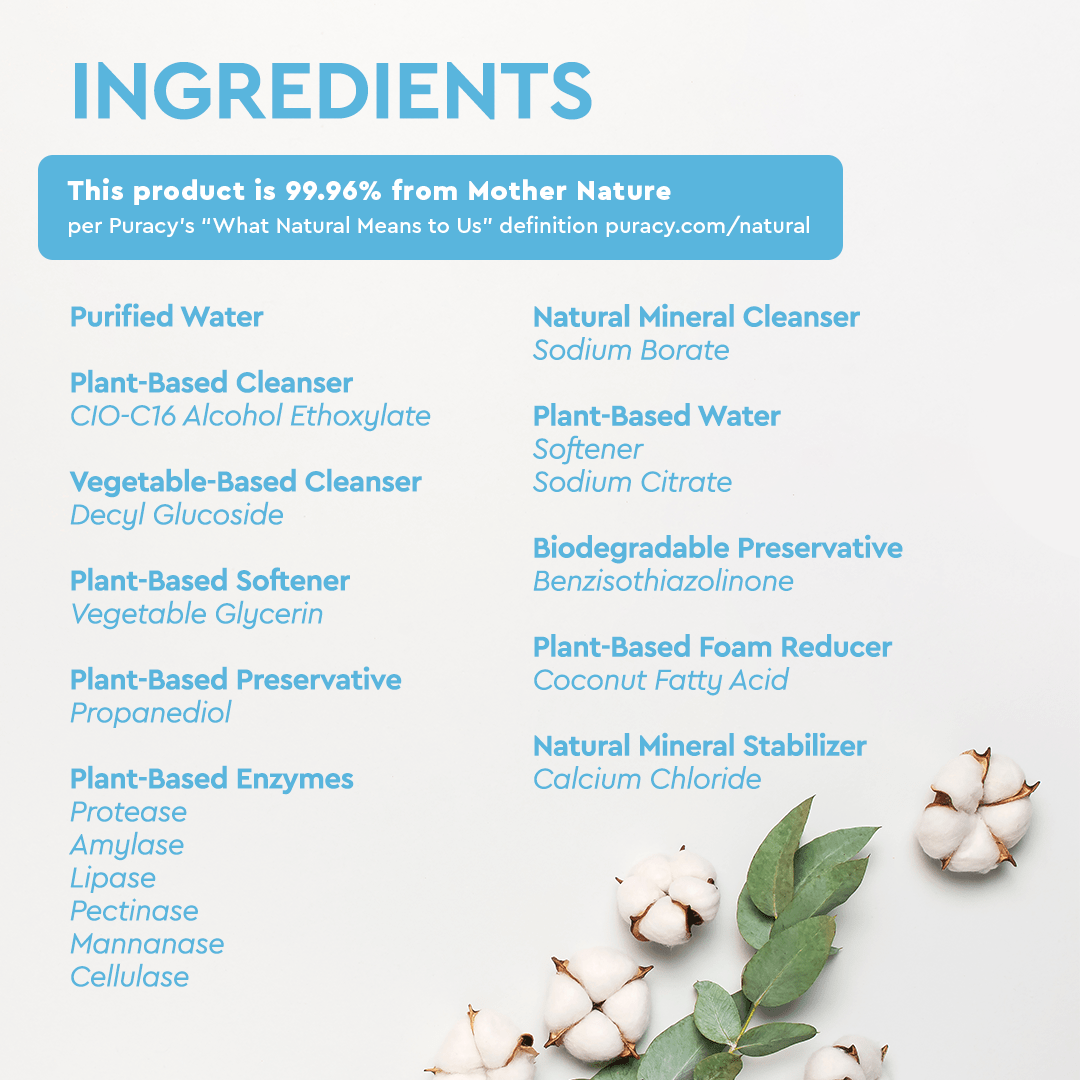 The ingredients list for the Baby Stain Remover is elegantly adorned with cotton plants on a light background, emphasizing its eco-friendly appeal.