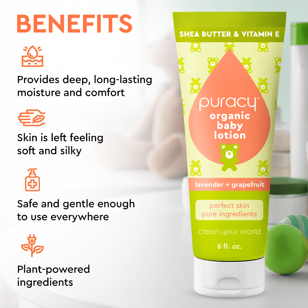 The Organic Baby Lotion is a top-tier baby skincare product that incorporates moisture-enhancing, plant-based ingredients. It is enriched with natural lavender and pink grapefruit essential oils to keep your child’s skin soft and naturally nourished.