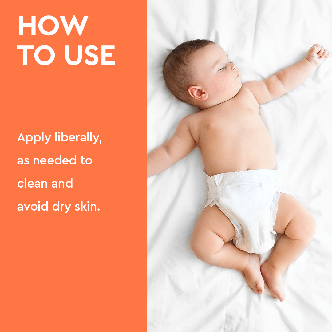 A baby wearing a diaper is peacefully resting on a white blanket, accompanied by an orange text panel that highlights the gentle nourishment provided by Organic Baby Lotion, enriched with natural lavender and pink grapefruit essential oils.