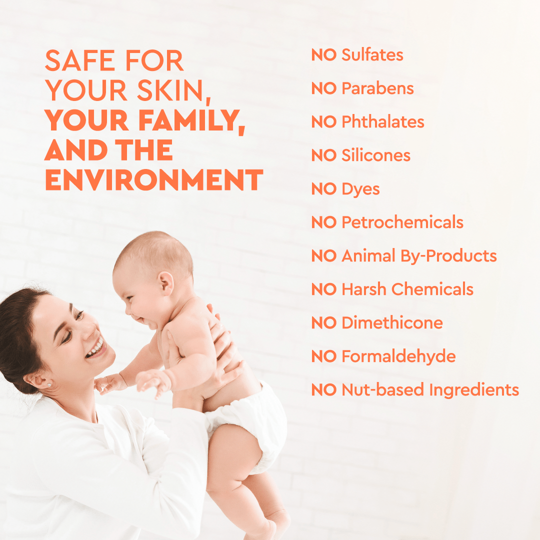 A woman is holding a baby, accompanied by text on the right that showcases skincare safety features like Natural Lavender & Pink Grapefruit Essential Oils. Explore top-quality baby skincare with our soothing Organic Baby Lotion.